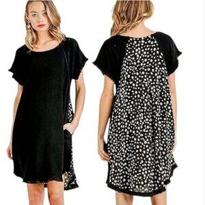 Umgee Dalmation Color-block Linen Blend Tunic Shift Short Sleeve Dress S